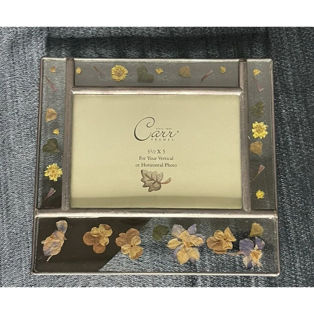 VTG Carr Burnes of Boston‎ Pressed Flowers Leaded Glass Photo Frame for 3.5